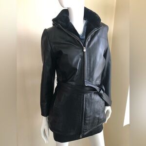 Wilsons Leather Black Hooded Jacket with belt Size M